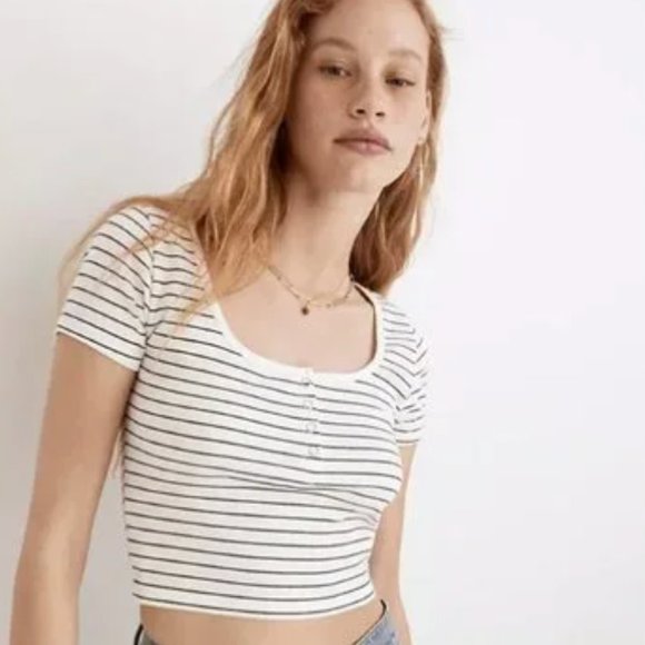 Madewell Tops - Madewell Ribbed Henley High-Crop Tee - Black White Stripe - Size L - NWT